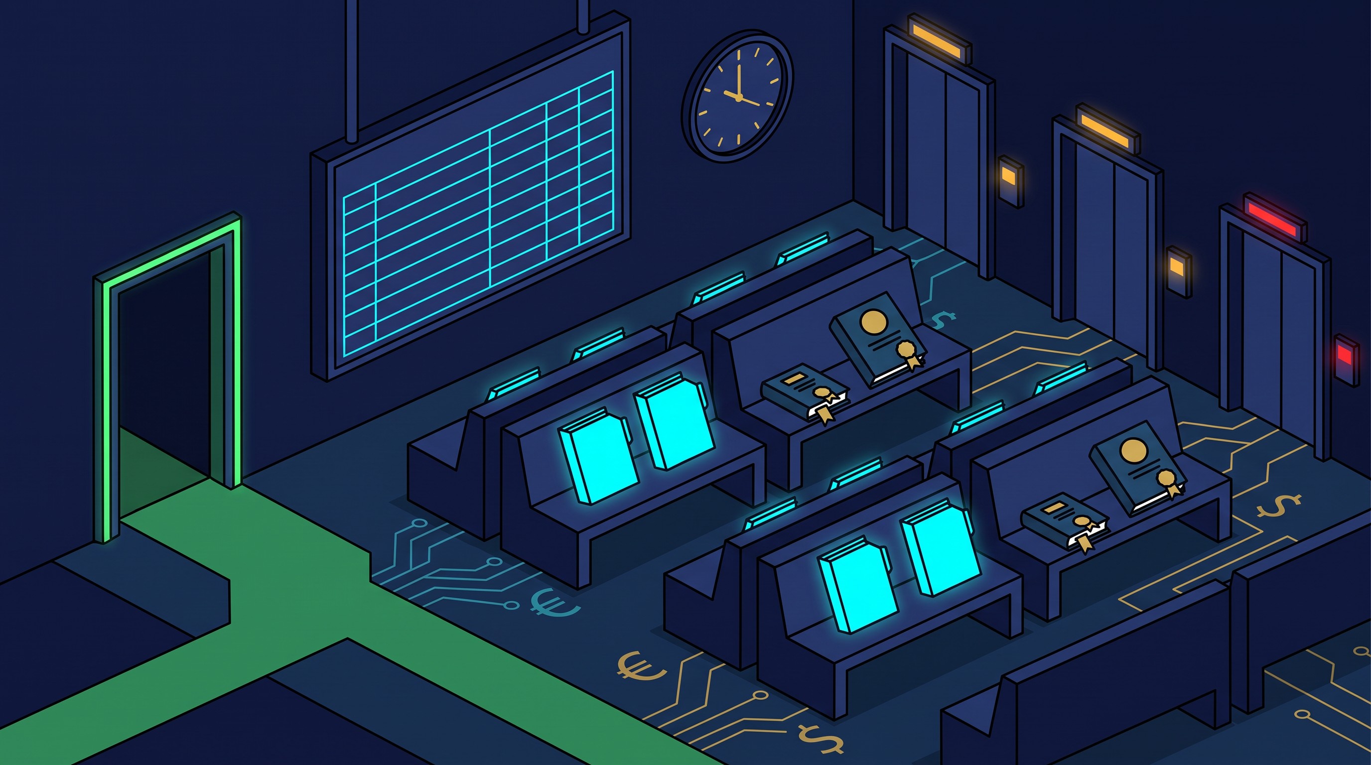 Isometric illustration of a dark waiting room with one door lit green and further doors lit amber and red