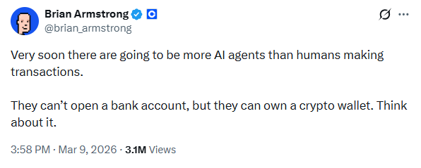 Brian Armstrong posts AI agents can't open a bank account, but can have a crypto wallet