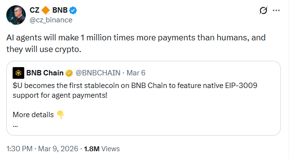 Binance founder Changpeng Zhao posted on X that AI agents will make one million times more payments than humans, and those payments will run on crypto.