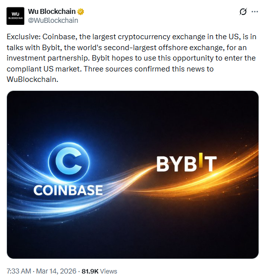 Wu Blockchain reports Coinbase Bybit partnership talks
