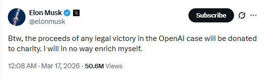 Elon Musk posts that any legal victory linked to the OpenAI case will be donated to charity