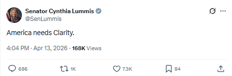Senator Lummis' X post: "America needs Clarity" - a clear reference to the Clarity Act