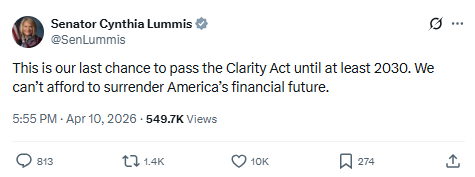 Senator Lummis says "This is our last chance to pass the Clarity Act until at least 2030"